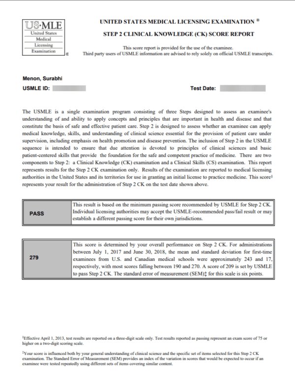 Dr. Surabhi Menon's USMLE score report