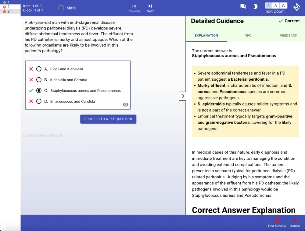 QLearn answer explanation view with the correct choice highlighted
